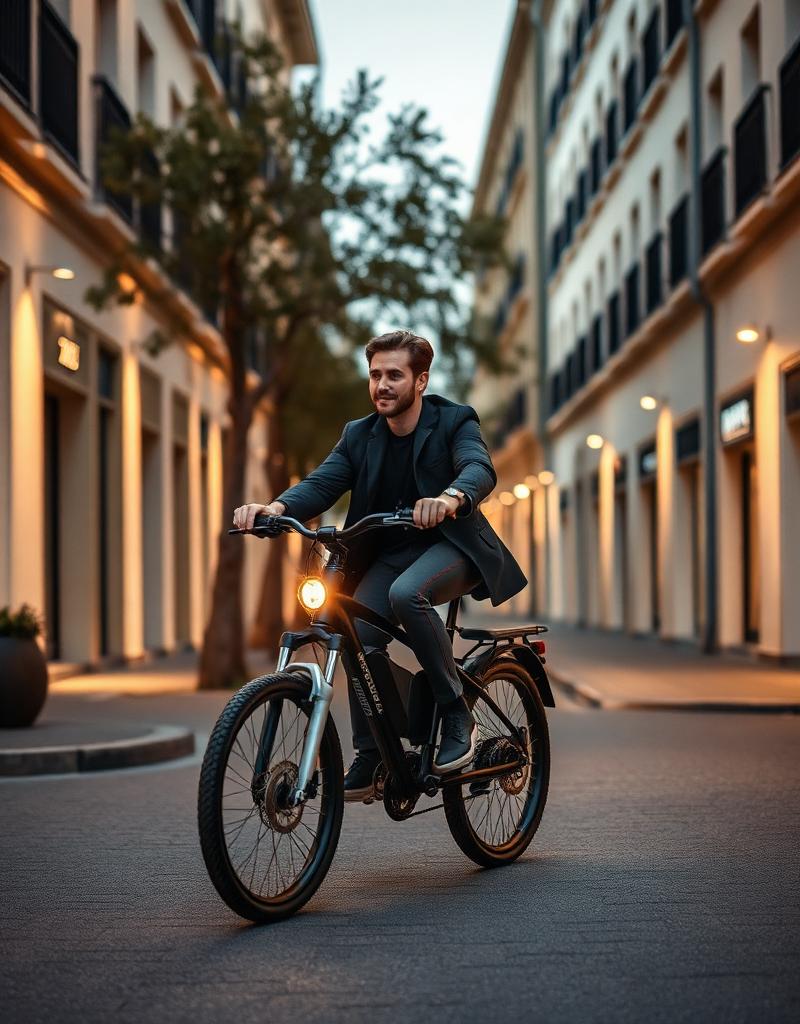 Personne élégante en vélo électrique entre Montpellier et les plages de Palavas